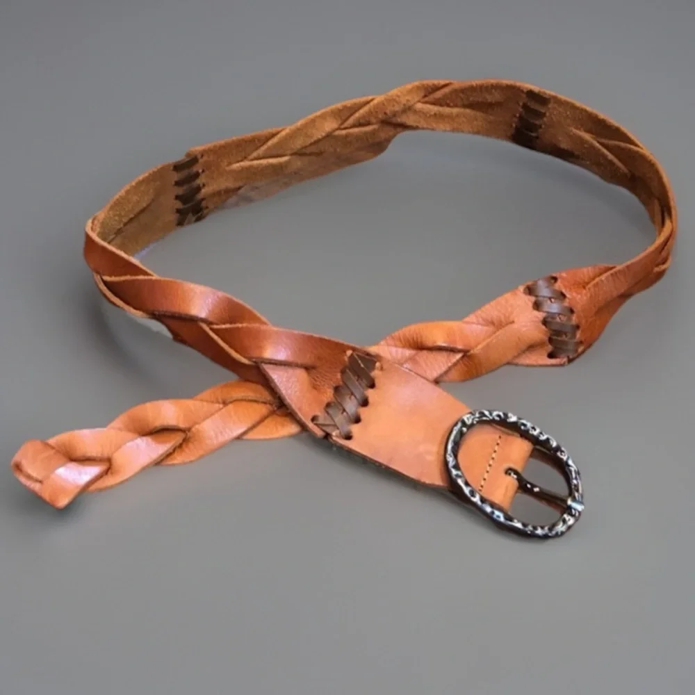 Vintage Bohemian Hippy Distressed Cognac Brown Woven Braided Leather Bel…